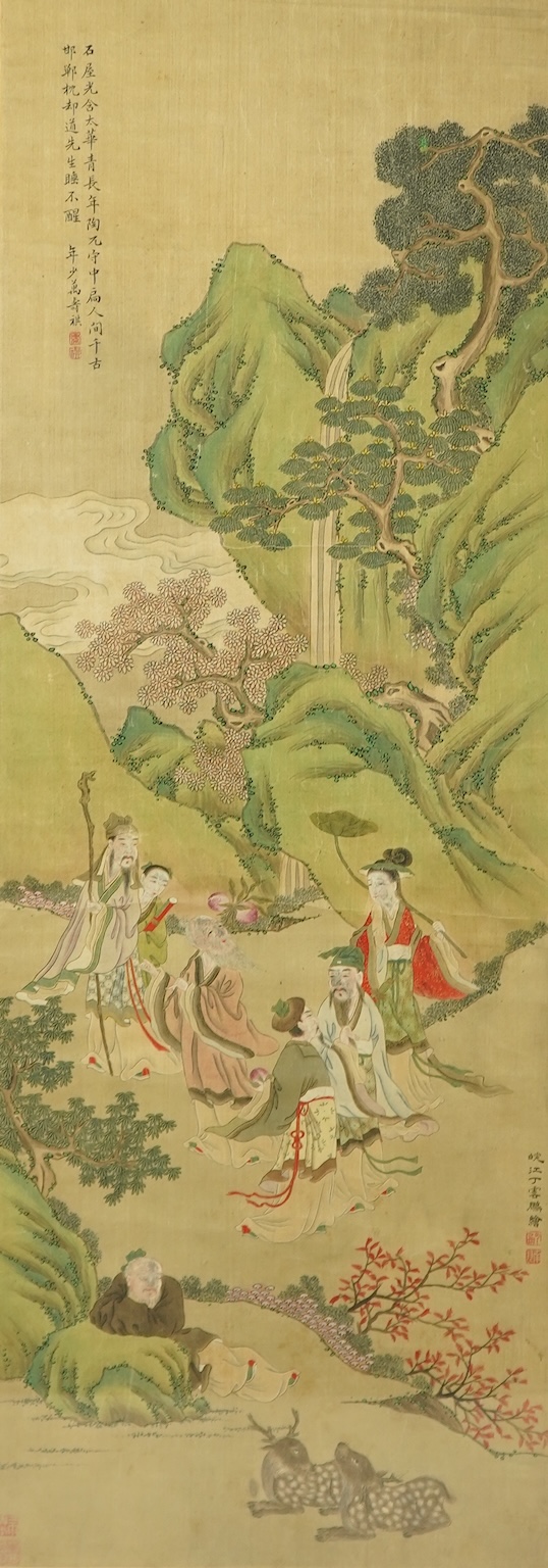 Chinese School , (late 19th century), Immortals in a landscape, Ink and colour on silk, 114.5cm x 40.5cm, excluding brocade border